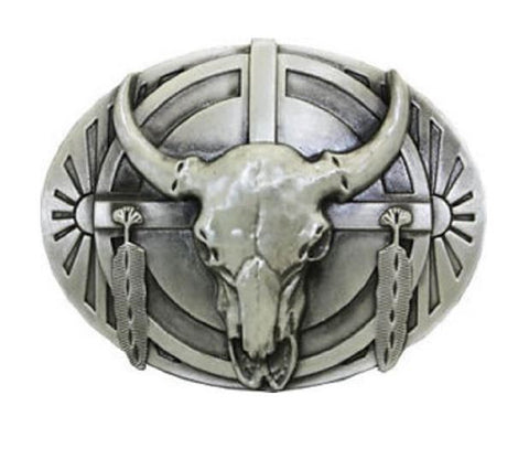 Bull Skull And Feathers Belt Buckle Native Western Eagle--1191