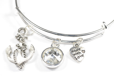 Wire Bangle Bracelet with Crystal Birthstone and Cute Boat anchor Charm