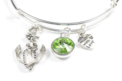 Wire Bangle Bracelet with Crystal Birthstone and Cute Boat anchor Charm