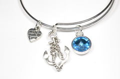 Wire Bangle Bracelet with Crystal Birthstone and Cute Boat anchor Charm