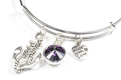Wire Bangle Bracelet with Crystal Birthstone and Cute Boat anchor Charm