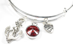 Wire Bangle Bracelet with Crystal Birthstone and Cute Boat anchor Charm