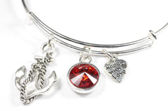 Wire Bangle Bracelet with Crystal Birthstone and Cute Boat anchor Charm