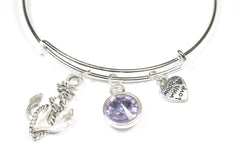 Wire Bangle Bracelet with Crystal Birthstone and Cute Boat anchor Charm