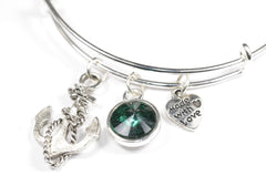 Wire Bangle Bracelet with Crystal Birthstone and Cute Boat anchor Charm