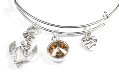 Wire Bangle Bracelet with Crystal Birthstone and Cute Boat anchor Charm