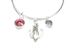 Wire Bangle Bracelet with Crystal Birthstone and Cute Boat anchor Charm