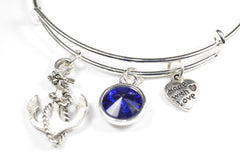Wire Bangle Bracelet with Crystal Birthstone and Cute Boat anchor Charm